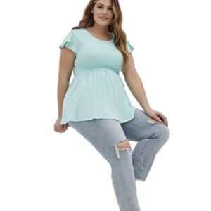 TORRID Smocked Babydoll Top Lace Trim Cap Sleeve Light Aqua, Women’s Plu…